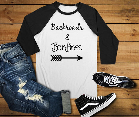 Backroads And Bonfires Raglan Shirt, Camping Shirt - Custom Lifestyle Designs